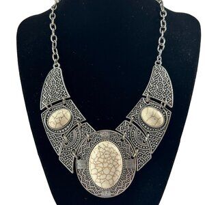Silver Tone Bib Necklace Statement Ornate 19" Long Faux Marble Stones